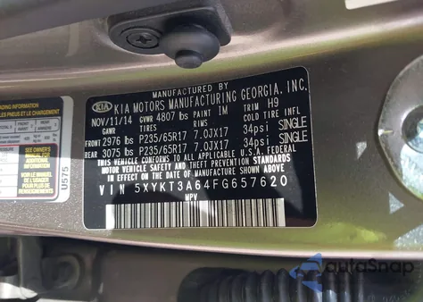 2015 Kia Sorento Lx z USA, uszkodzony, nr VIN 5XYKT3A64FG657620